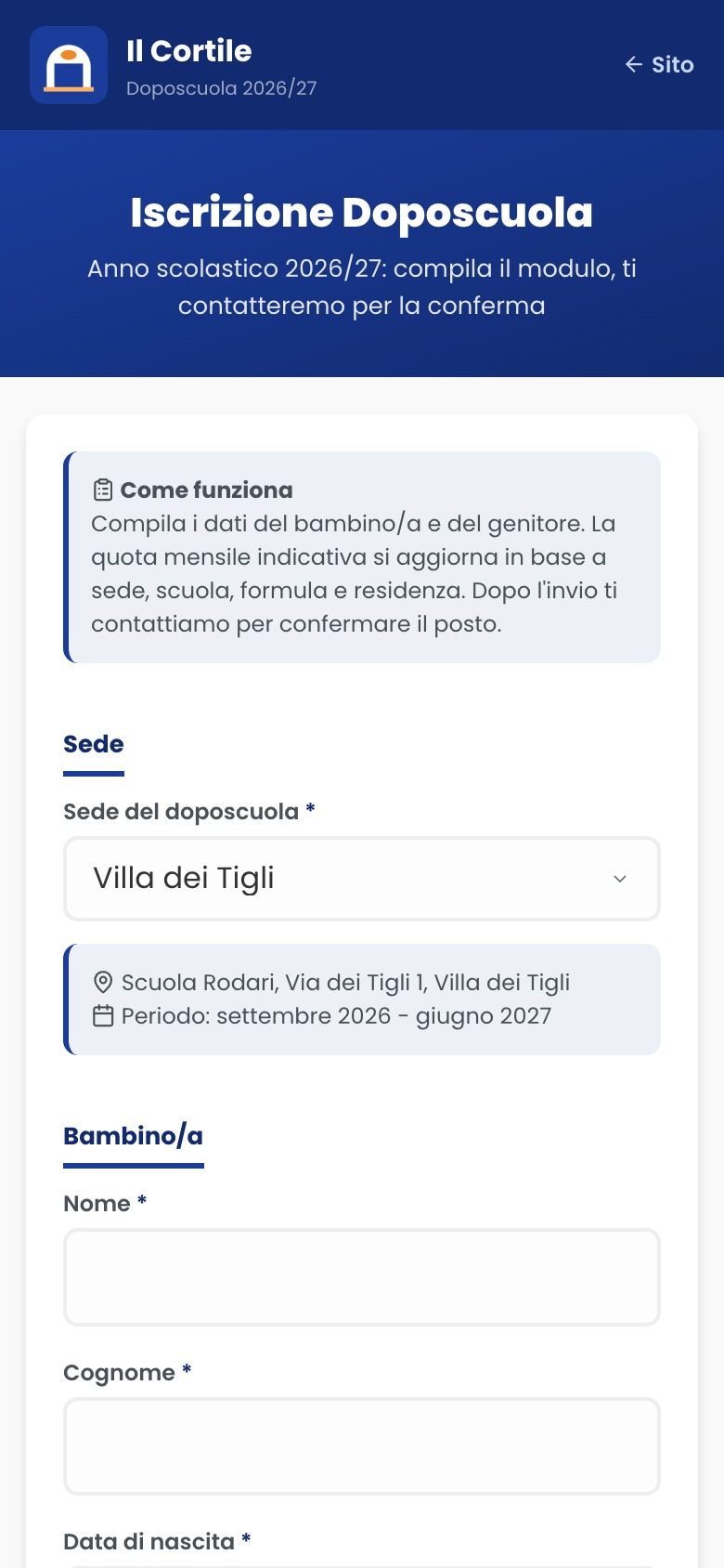 Modulo di iscrizione al doposcuola compilato da telefono.