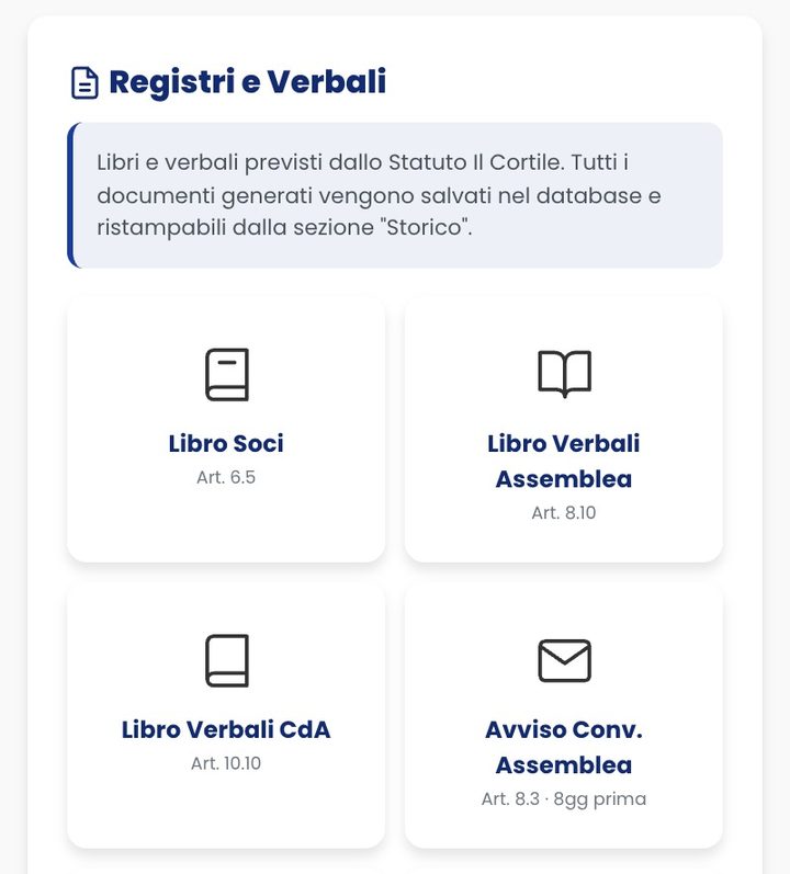 Registri e verbali previsti dallo statuto, pronti da compilare.